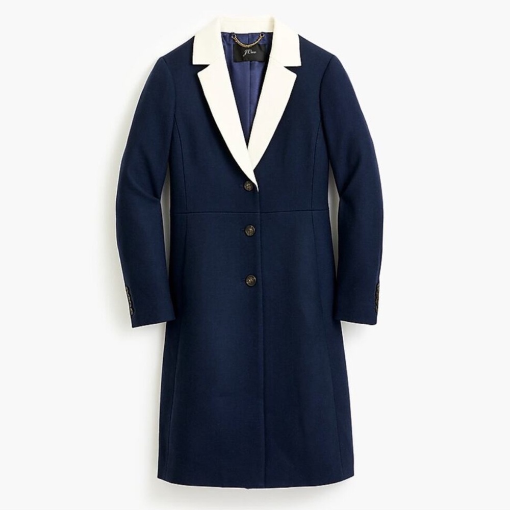 J. Crew 100% Wool Topcoat Contrast Lapel Double Serge Wool Navy Blue White 10 - Picture 9 of 9